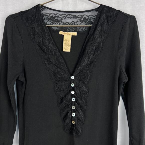 Naturelle by RXB Top Y2K Lace Trim Henley Shirt Black Whimsigoth Vamp Witchy - Picture 2 of 4